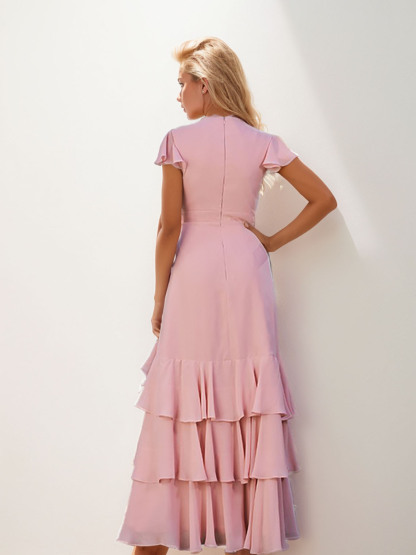 Dress A-Line/Princess Short Sleeve V-Neck Ankle-Length Long Evening Dress