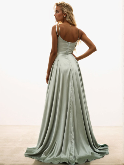 Dress A-Line Sweep/Brush Train Spaghetti Straps Pure Color Evening Dress