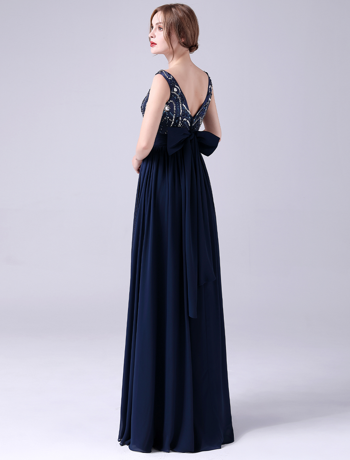 A-Line Prom Dress Bateau Neck V Back Floor Length Elegant Wedding Guest Dresses Chiffon with Pleats Sequin