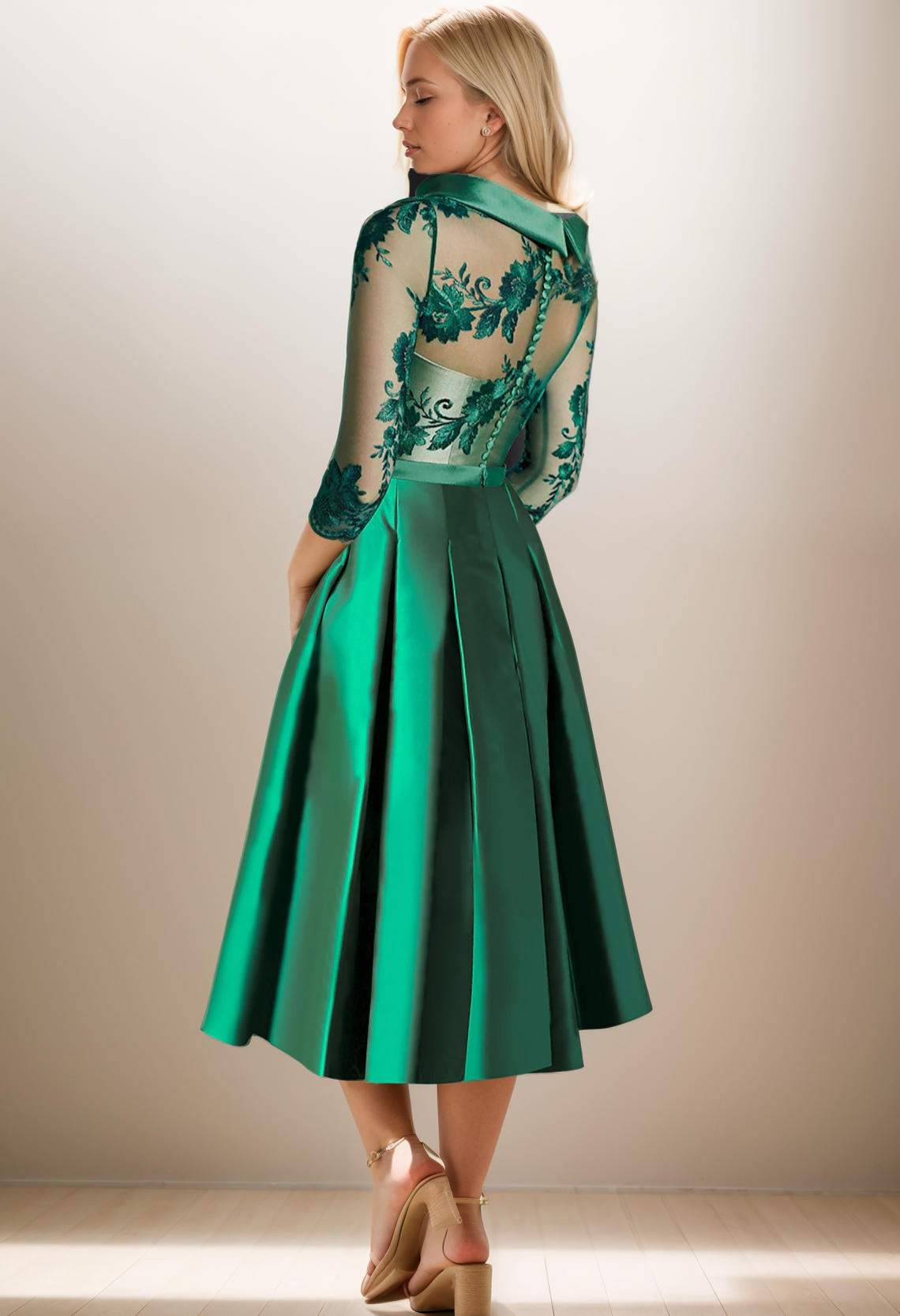 A-Line Cocktail Dress Formal Tea Length 3/4 Length Sleeve Jewel Neck Wedding Guest Satin Pleats Appliques