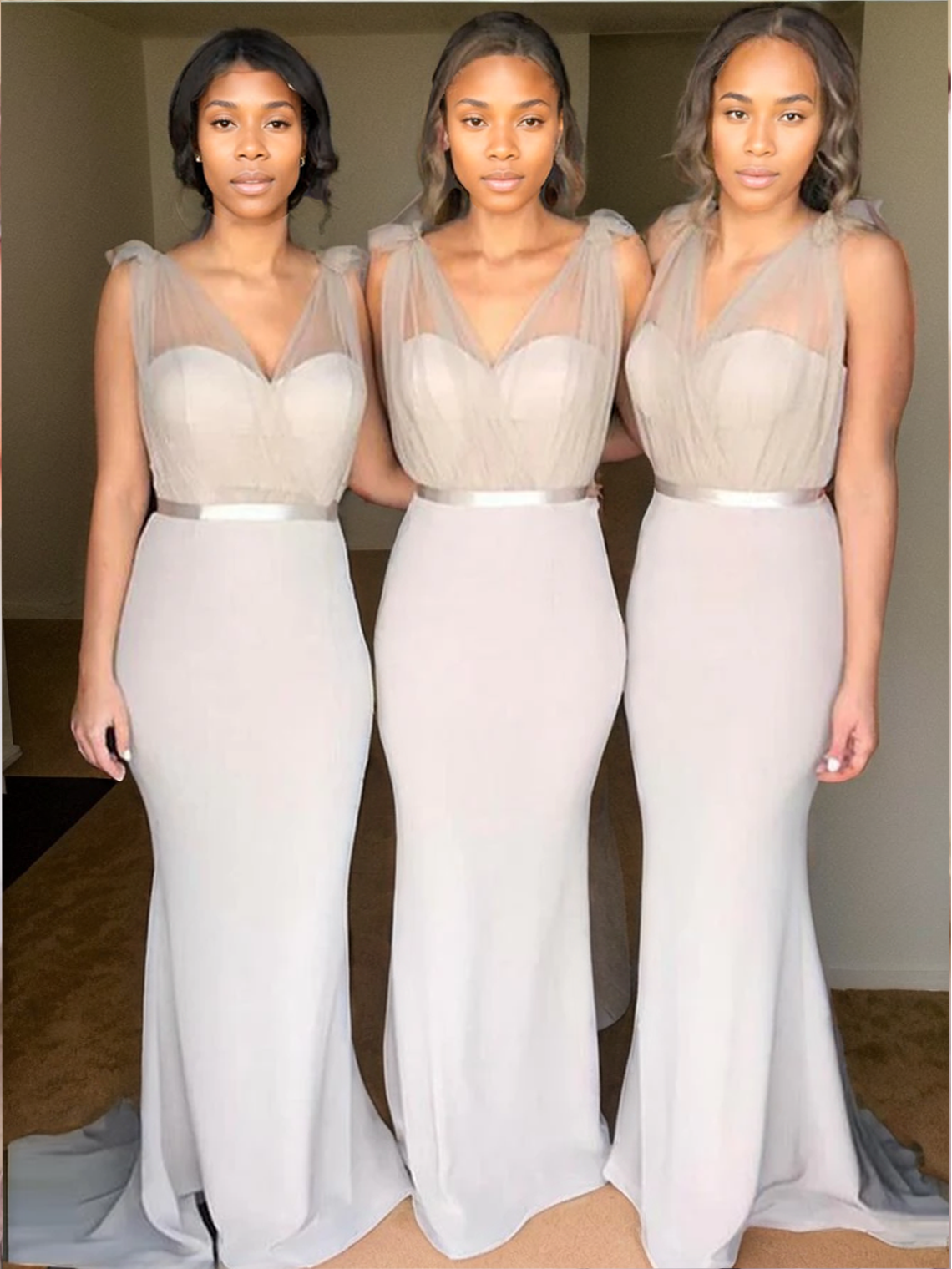 Sheath/Column V-neck Tulle Stretch Crepe Sweep Train Sashes/Ribbons Bridesmaid Dresses