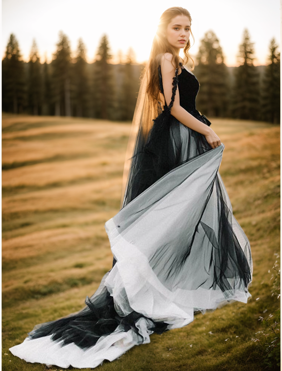 A-Line Vintage Black Boho Wedding Dresses Court Train with Appliques