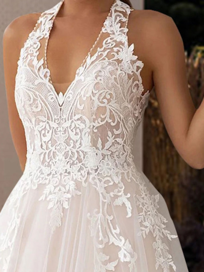 Dresses A-Line Beach Open Back Wedding Dresseseses Halter With Pleats Appliques