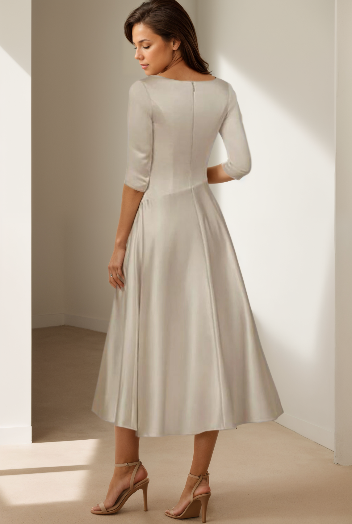 A-Line Mother of the Bride Dress Wedding Guest Elegant Vintage Plus Size V Neck Tea Length Satin 3/4 Length Sleeve Pleats
