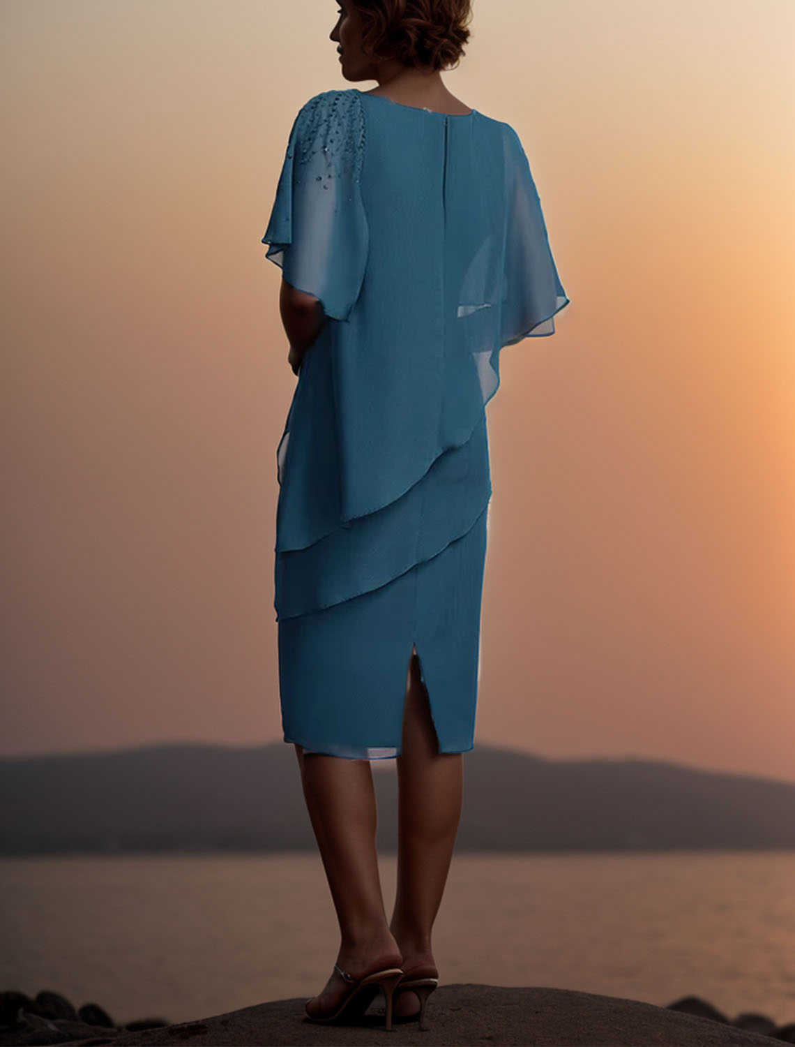 Sheath/Column Homecoming Dress Chiffon Short Sleeve with  Ruffles