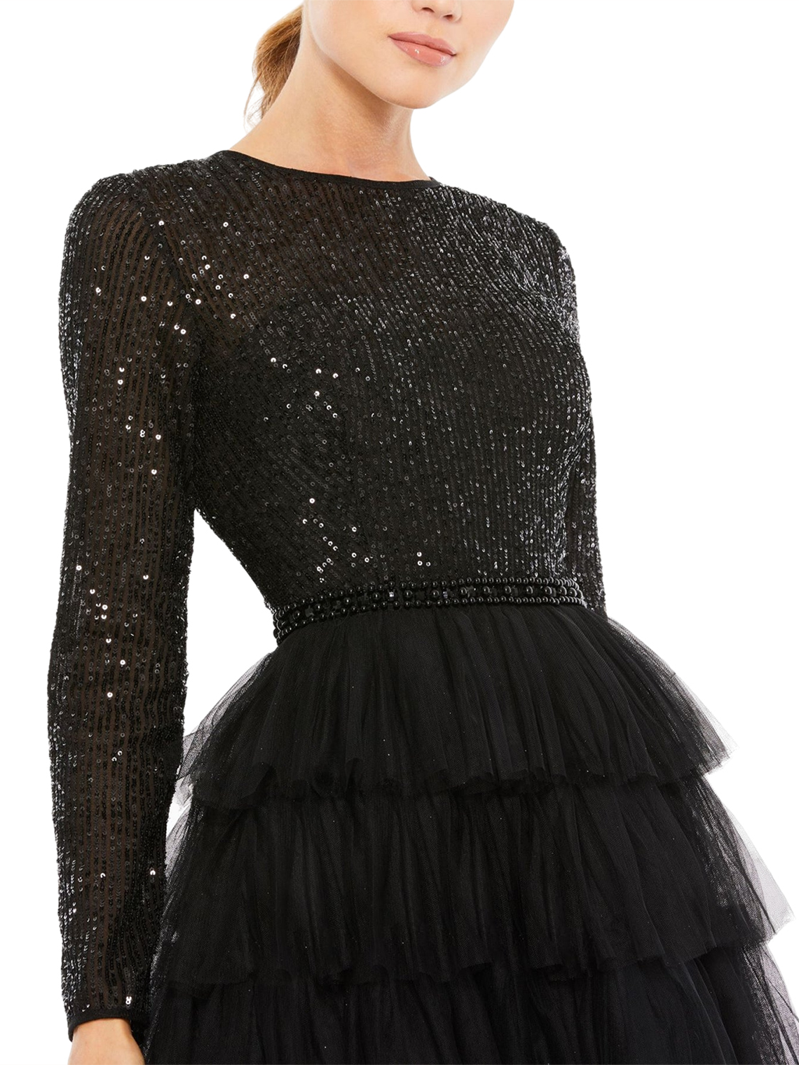A-Line Homecoming Dress Tea Length Jewel Neck Tulle with Sequin Tiered