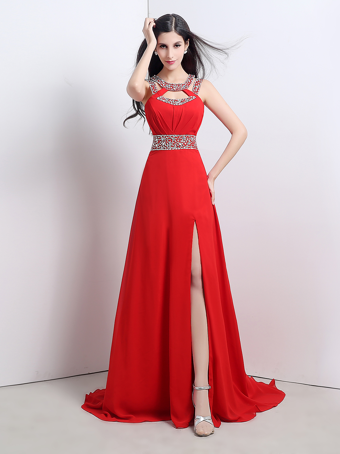 A-Line/Princess Elegant Evening Dress Jewel Neck Chiffon with Beading