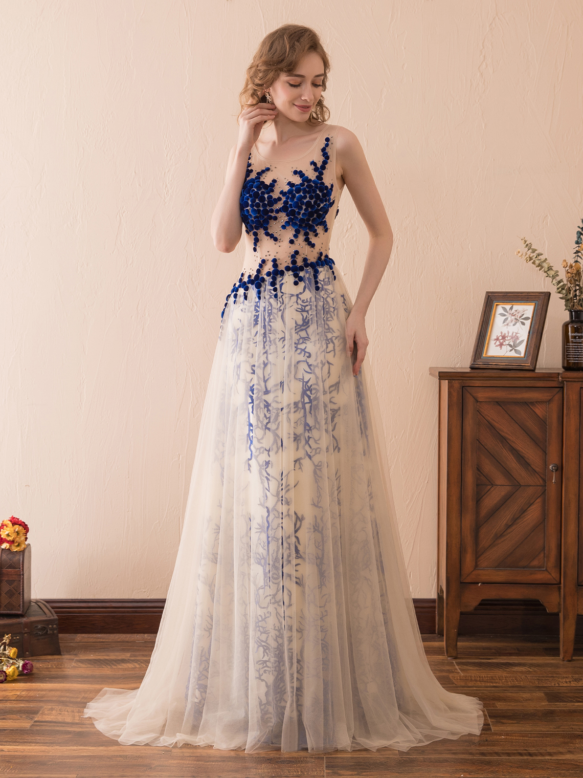 A-Line/Princess Illusion Sexy Prom Gown Tulle with Sequin Appliques