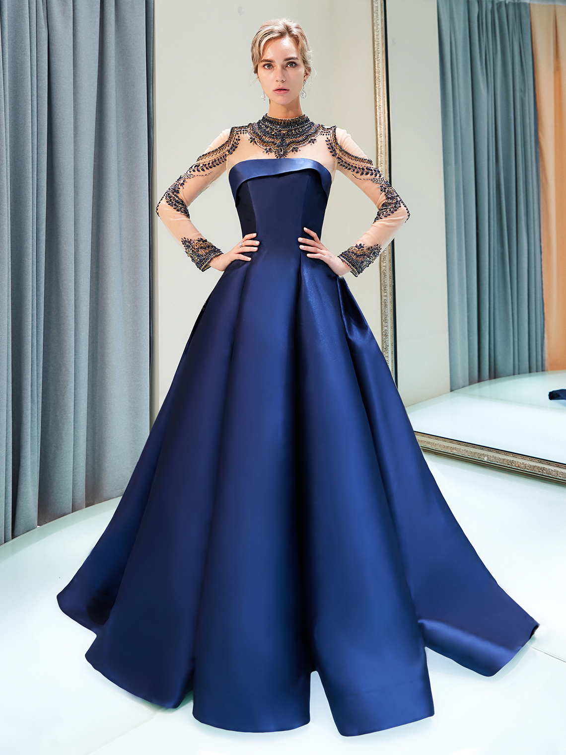 Ball Gown Elegant Luxury Prom Gown High Neck Satin Sequin with Beading