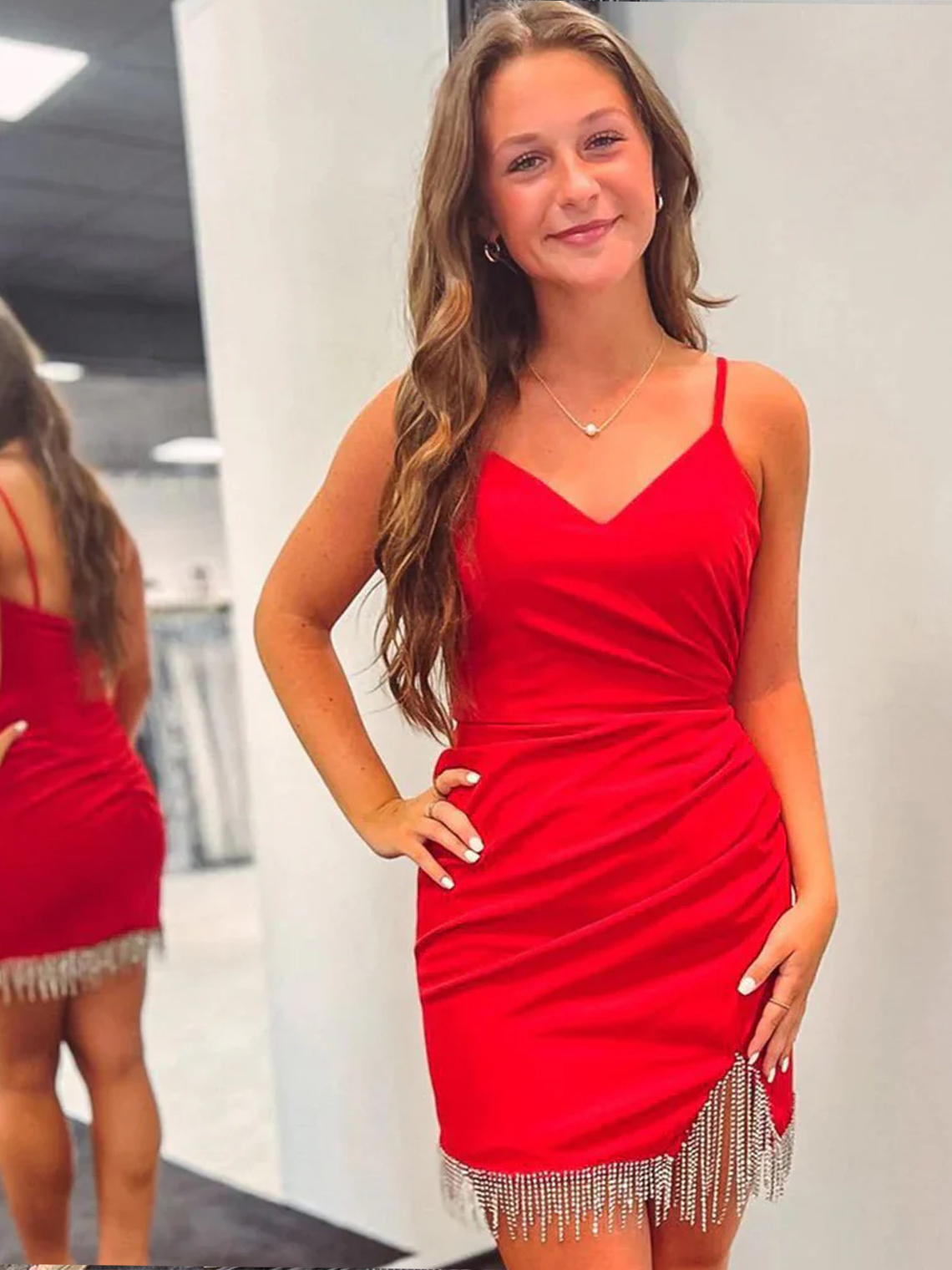 Sheath/Column Spaghetti Straps Tight Homecoming Dress with Fringes