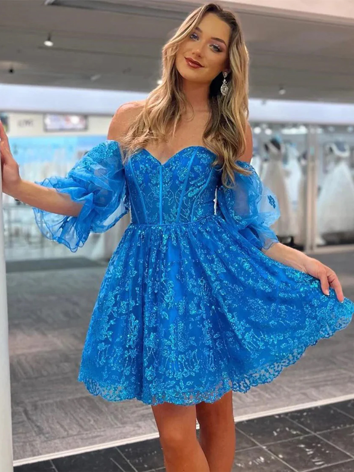 A Line Off the Shoulder Blue Glitter Homecoming Dress with Appliques