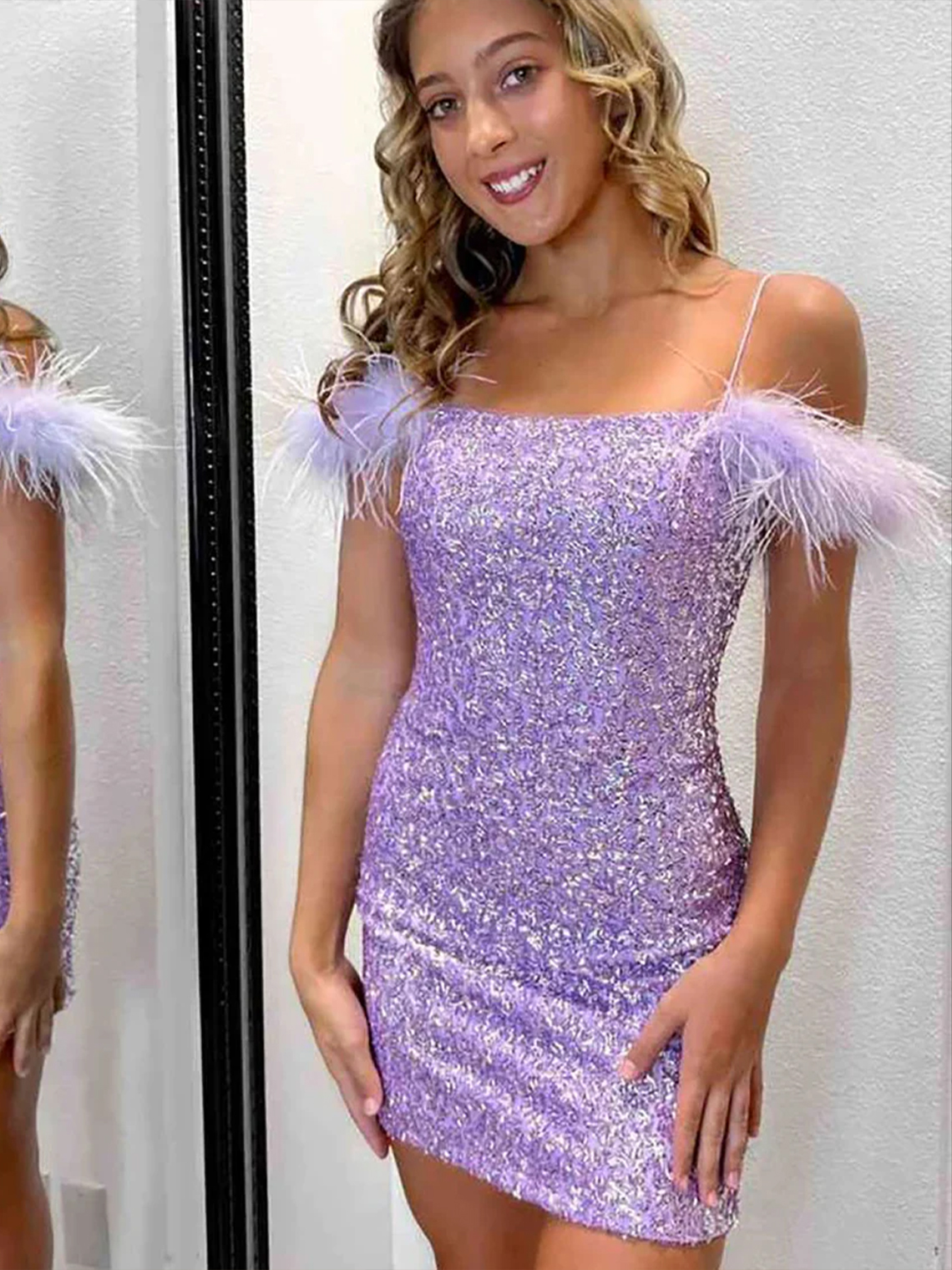 Sheath/Column Off the Shoulder Sequins Homecoming Dress with Feathers