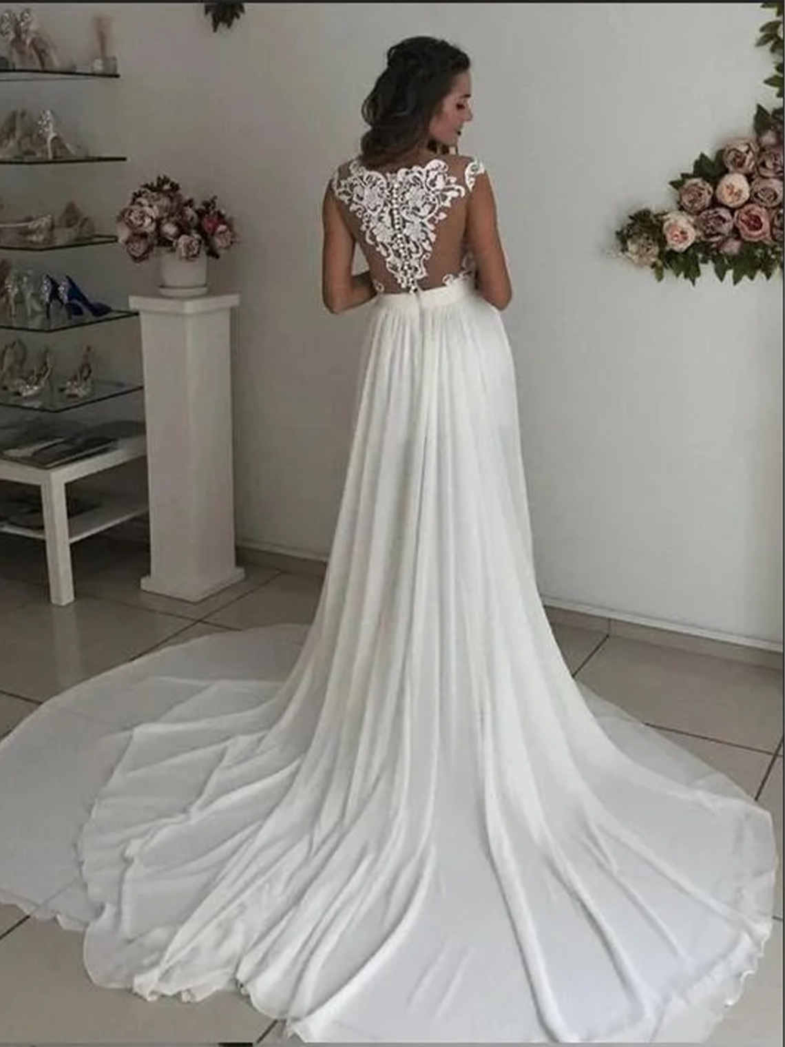 A-line V-neck Long Wedding Dress With Slit Chiffon Lace