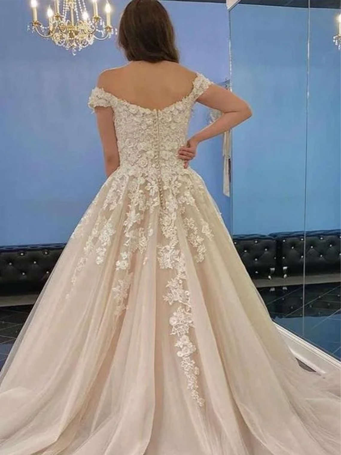 A-line Long Off-the-Shoulder Wedding Dress With Tulle Lace