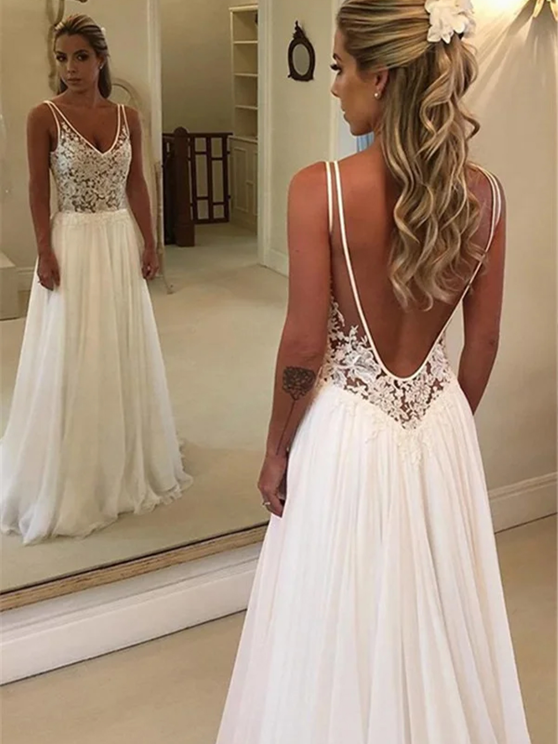 A-Line Sleeveless Lace Beach Long Wedding Dress with Appliques