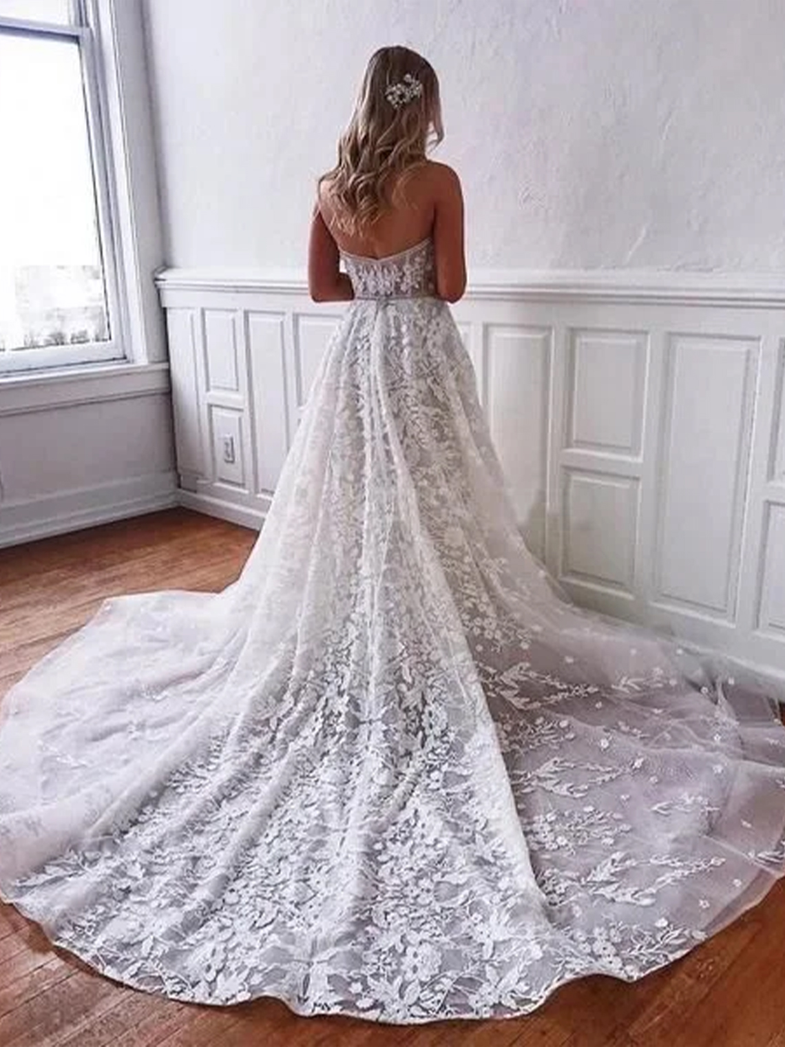 A-Line Floor Length Long Wedding Dress With Sweetheart Lace