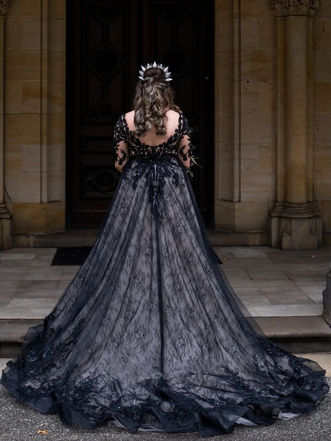  A-Line Modern Gothic Boho Lace Black Wedding Dress Vintage Unique
