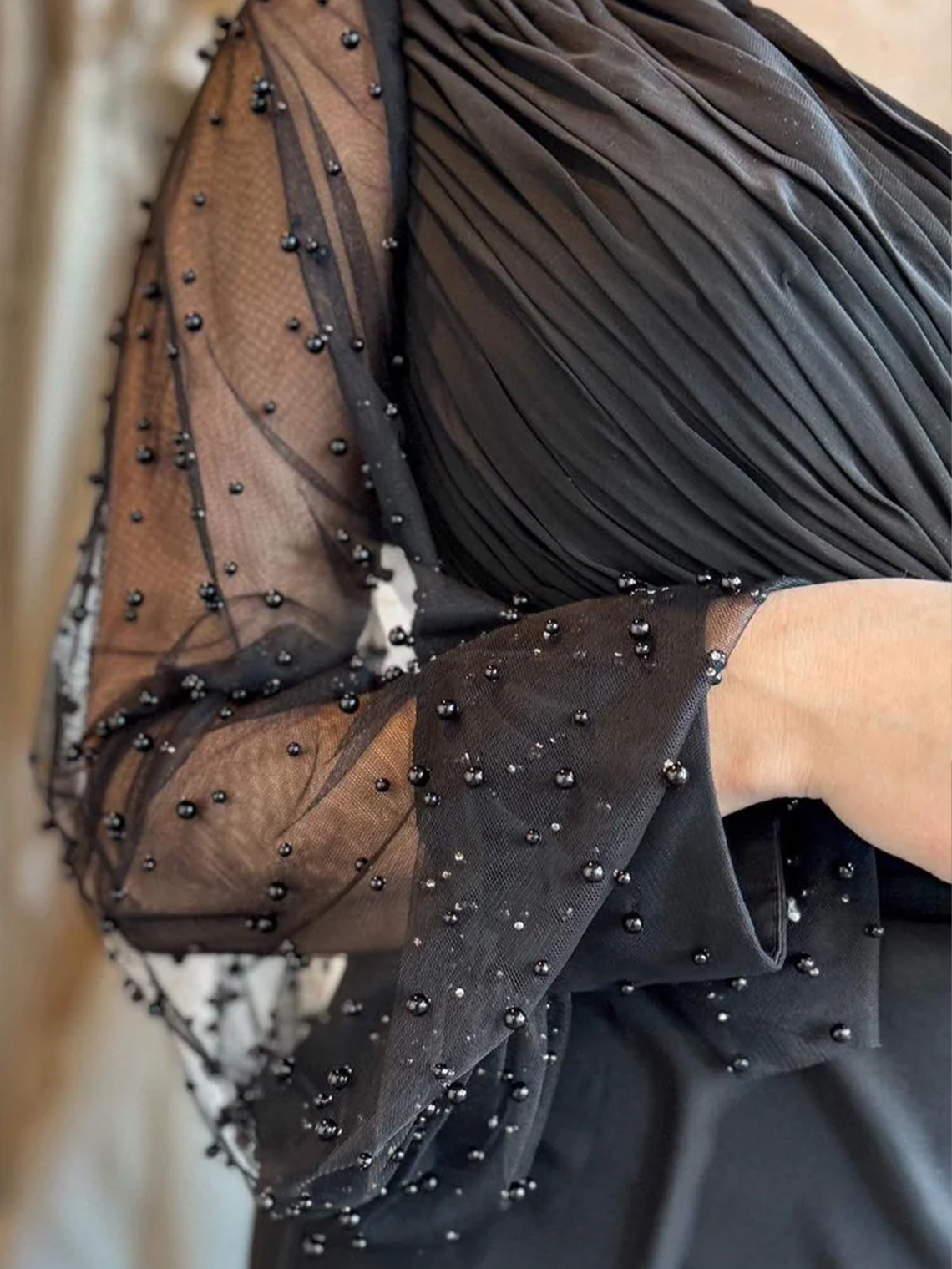 Mermaid Black Beaded V-Neck Backless Long Wedding Dress with Sleeves