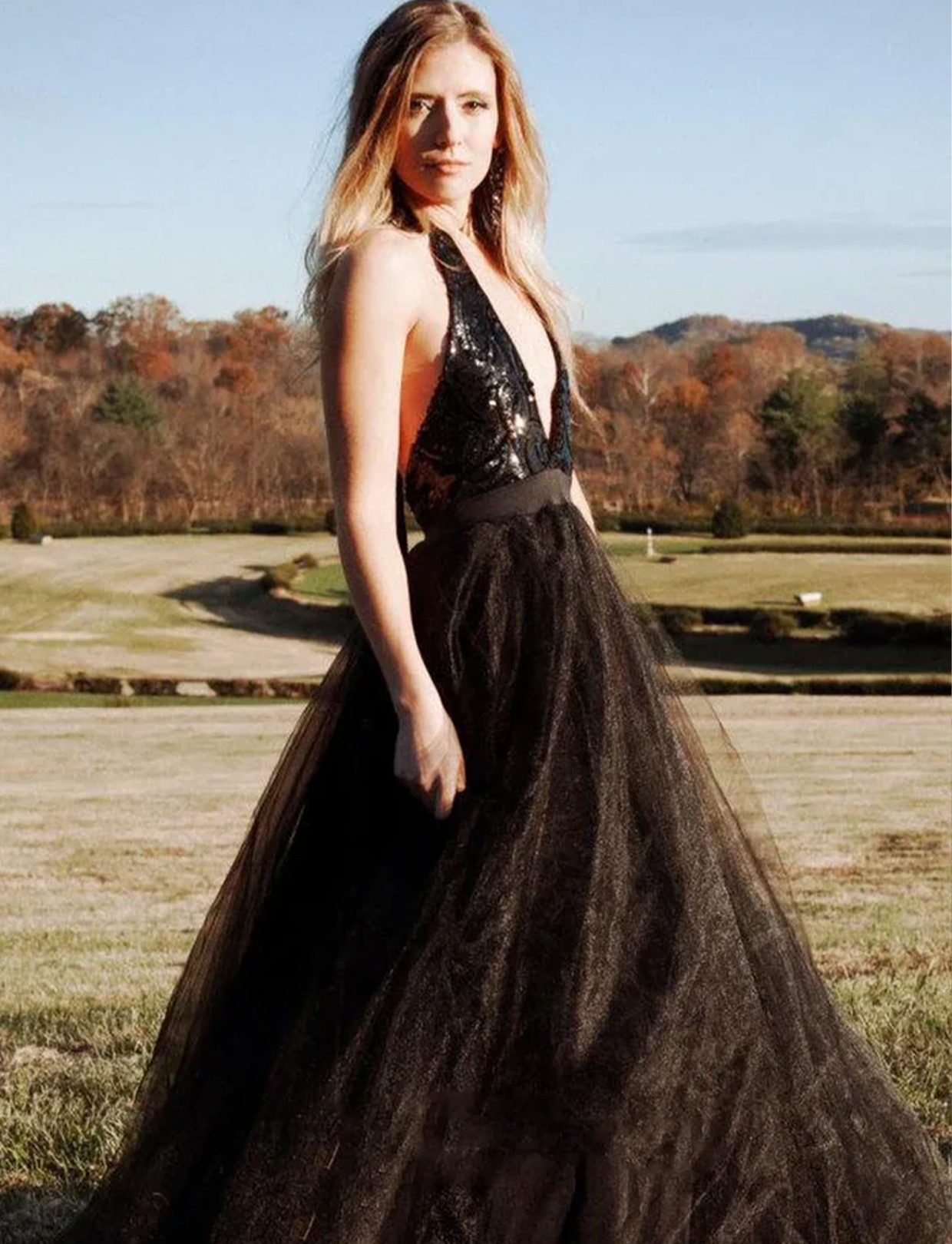 A-Line Halter Backless Tulle Black Wedding Dresses With Sequins