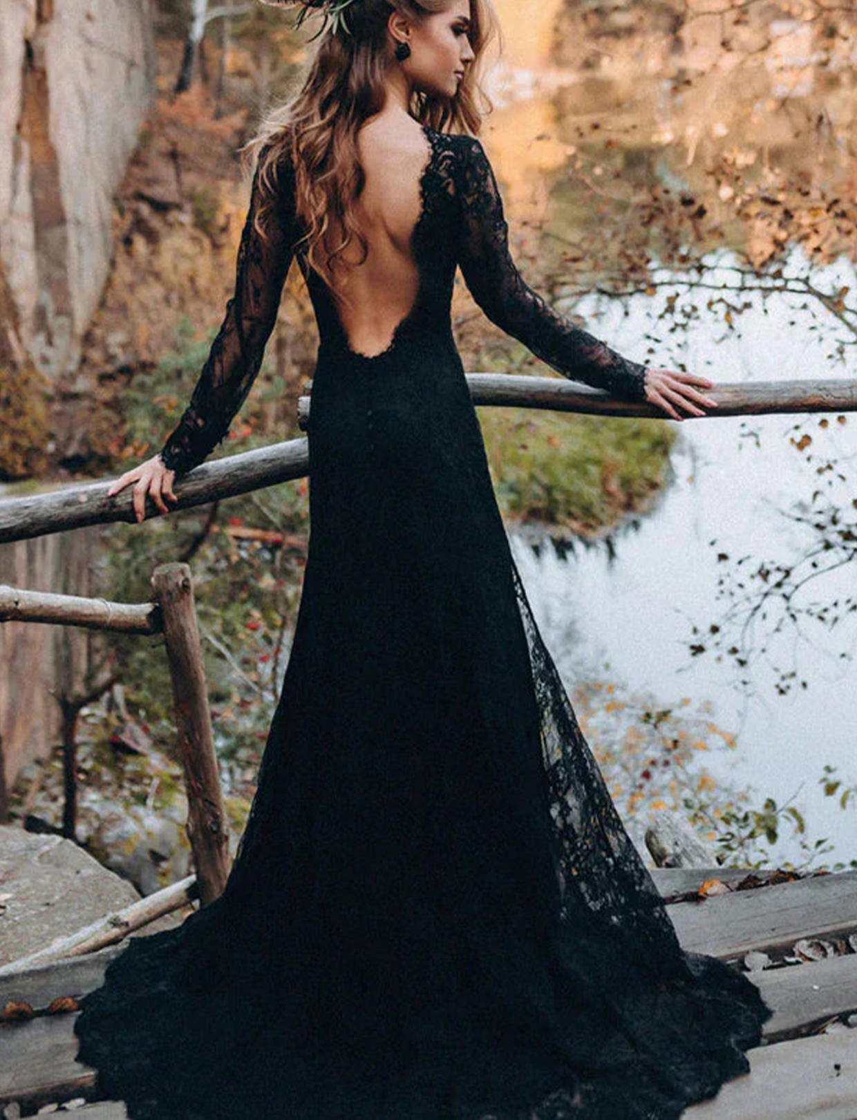 A line Black Sweetheart Long Sleeves Beach Lace Wedding Dresses