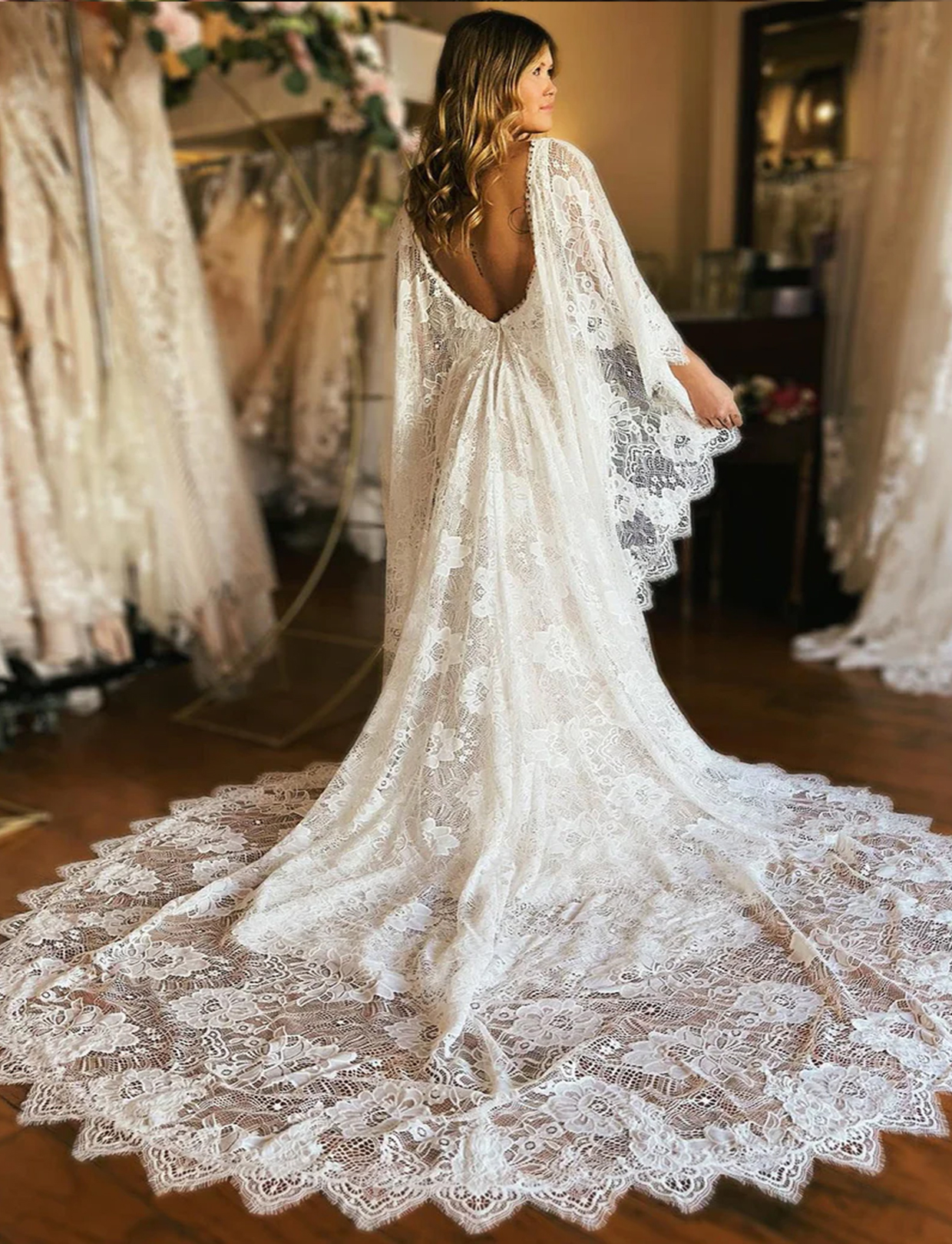 Mermaid Wedding Dress with Ivory Long Sleeve Cape Lace Appliques