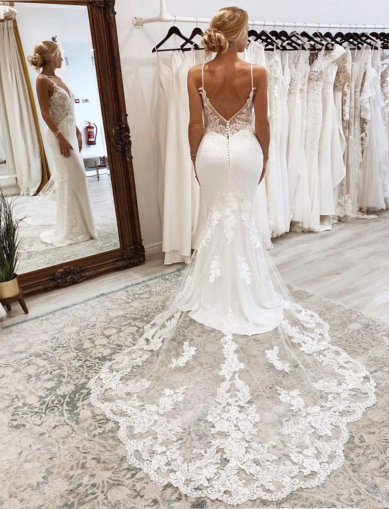 Mermaid Lace Long Backless Wedding Dress with Button