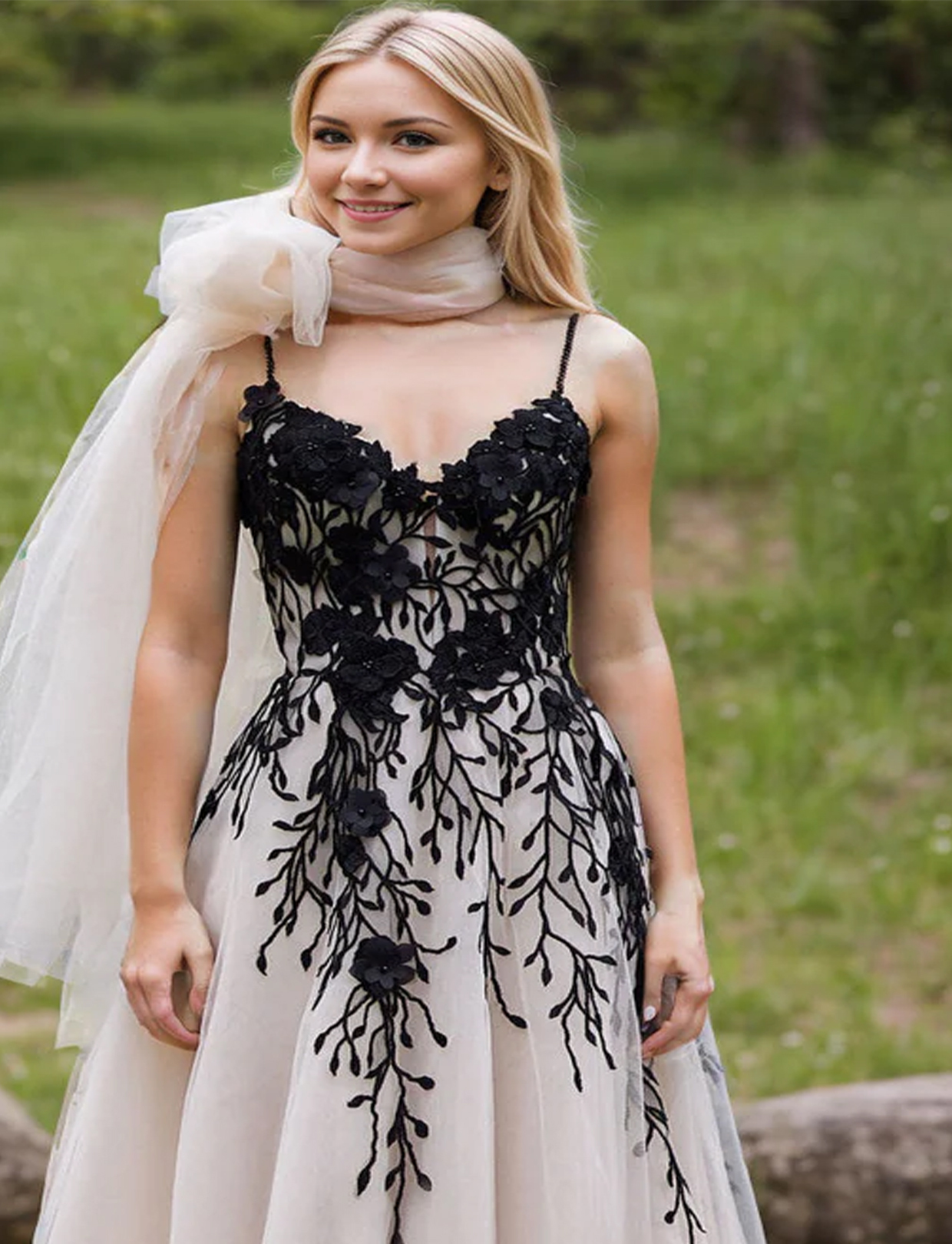 Unique Elegant Boho Lace Tulle Black Wedding Dress with Appliques