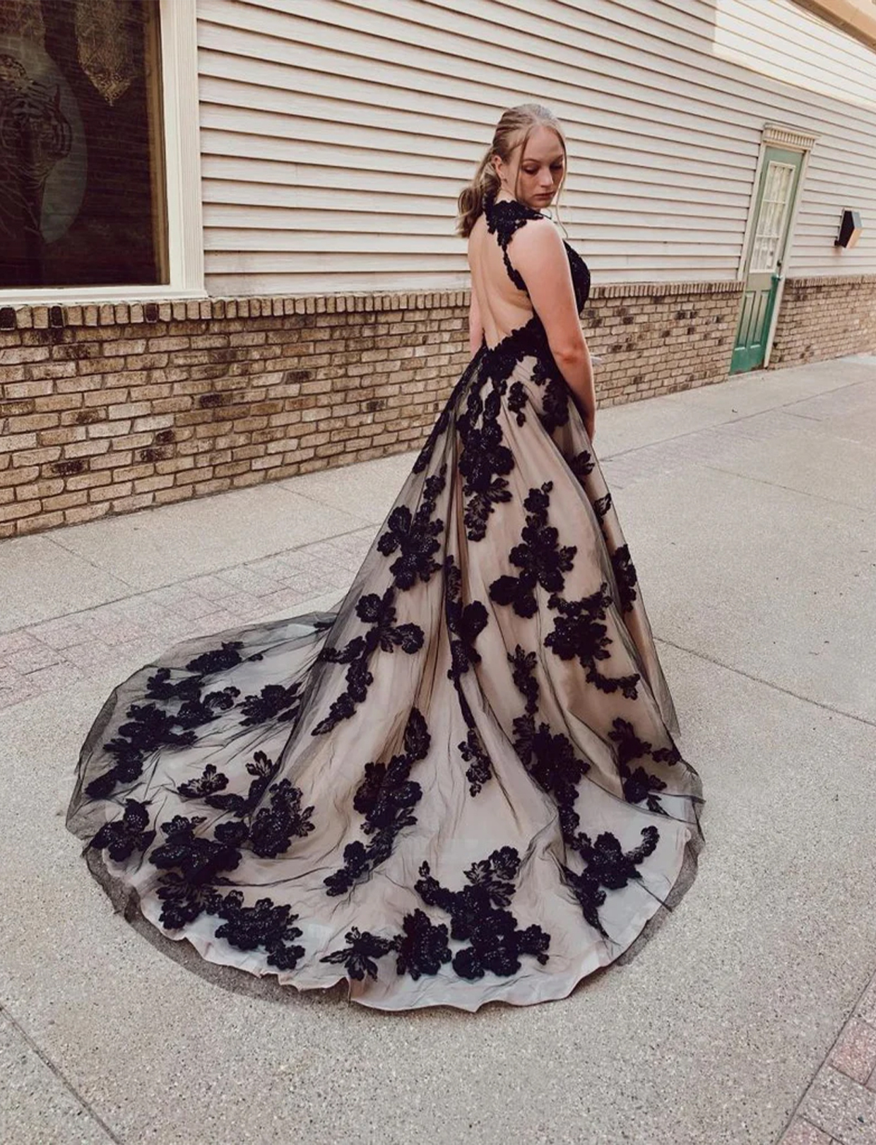 Open Back Black Champagne Court Train Wedding Dress With Appliques