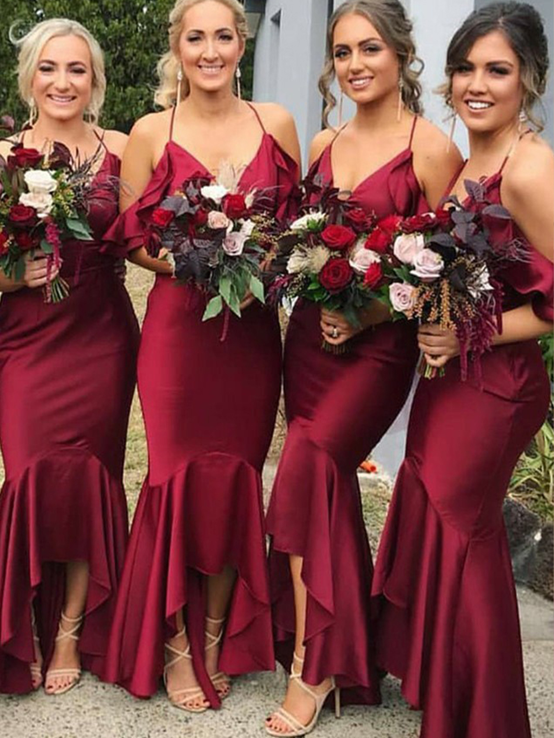 Trumpet/Mermaid V Neck Asymmetrical Bridesmaid Dresses With Ruffles