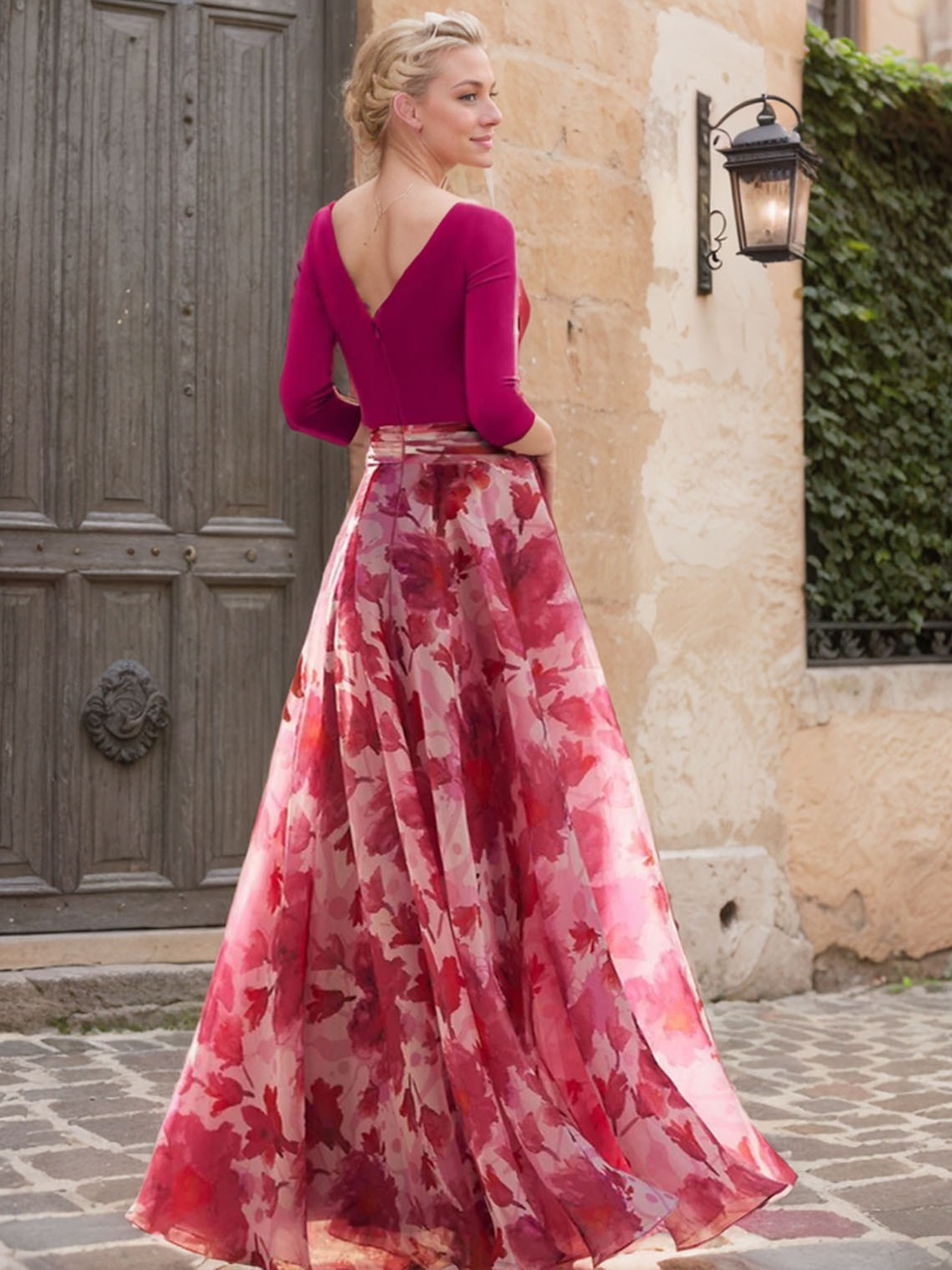 A Line Chiffon V Neck 3/4 Length Sleeve with Flower Evening Dress
