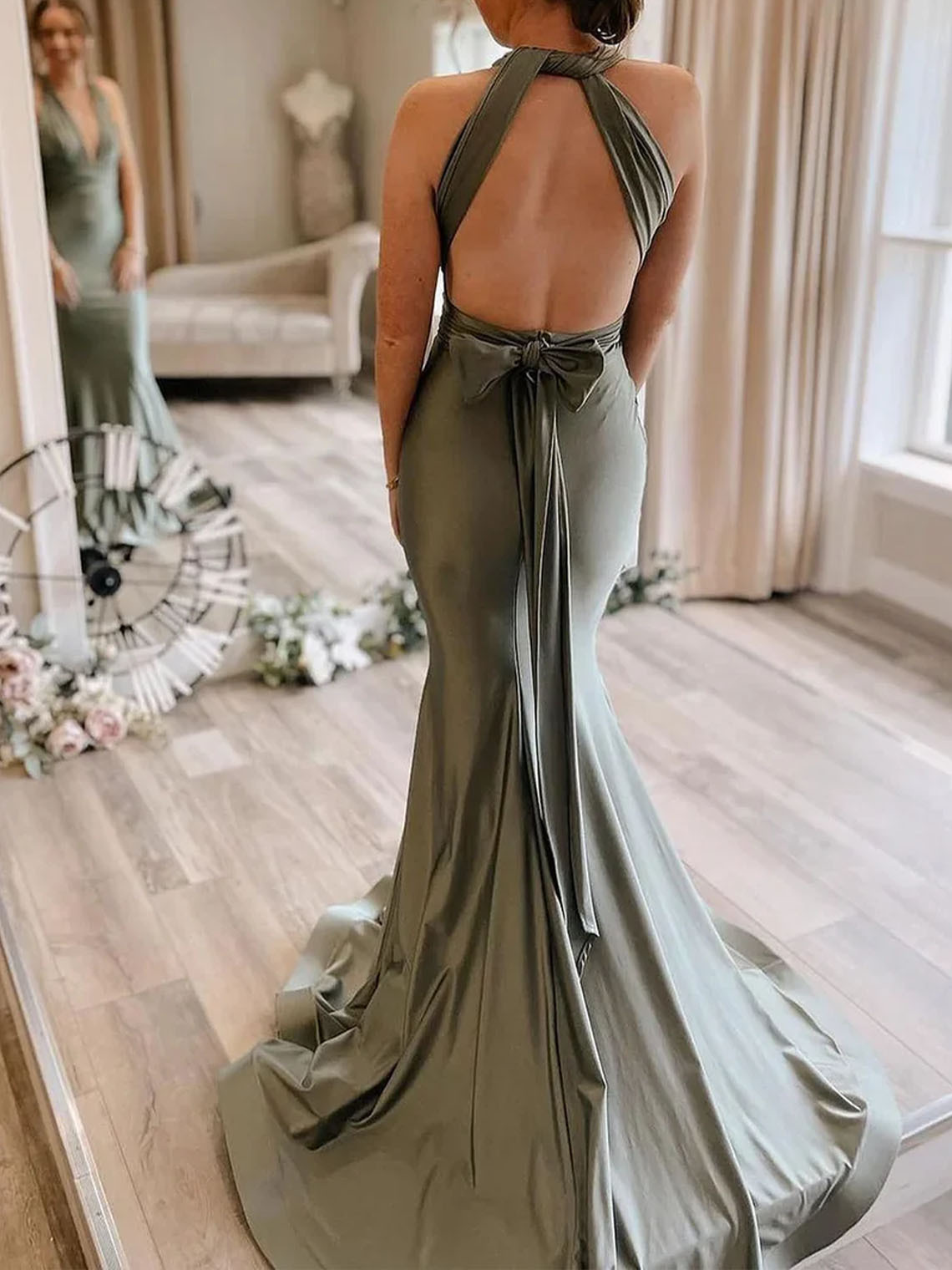 Mermaid Light Green Satin V Neck Convertible Bridesmaid Dress