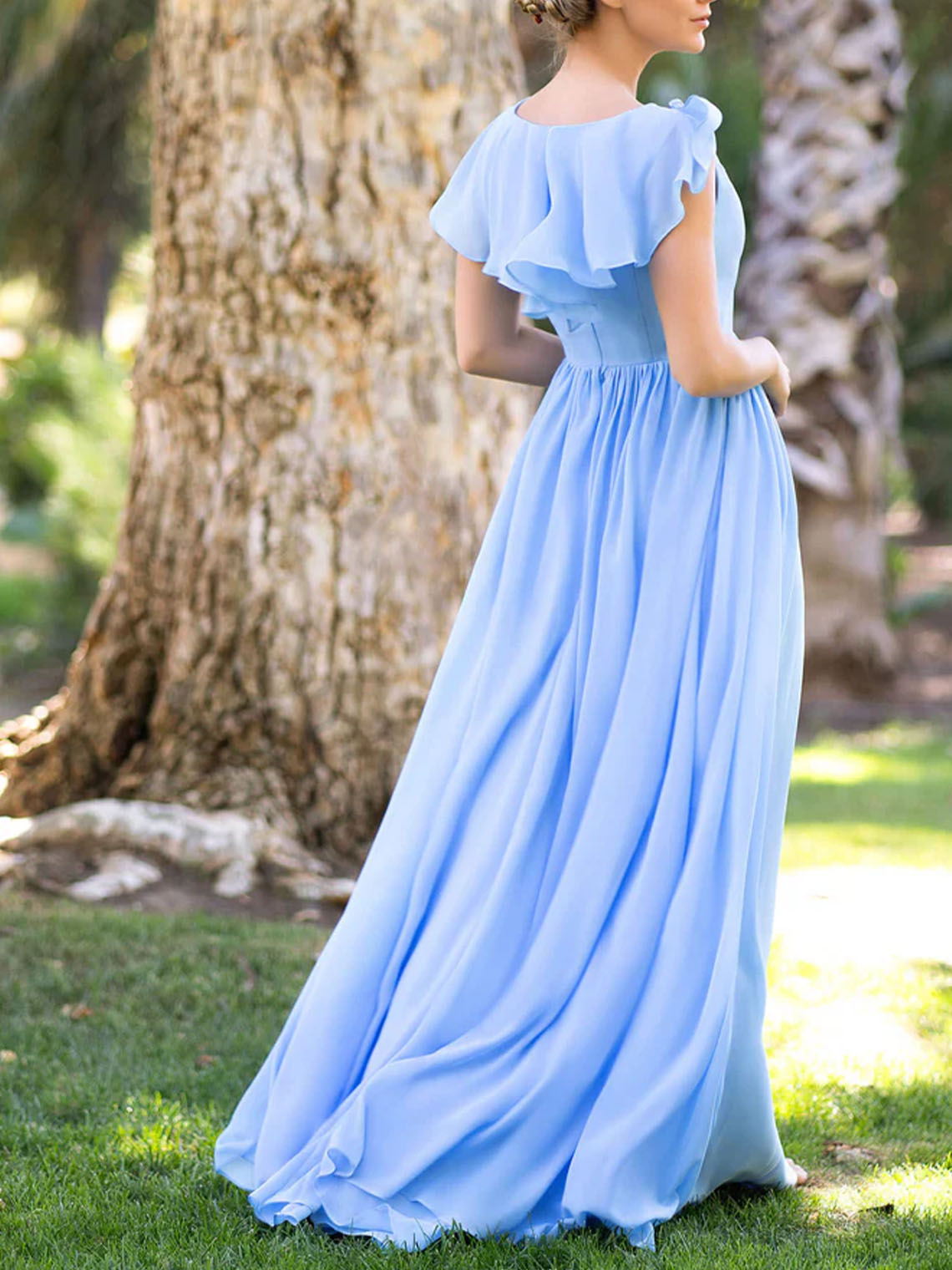  A line Blue Chiffon Asymmetric Ruffled V Neck Bridesmaid Dress