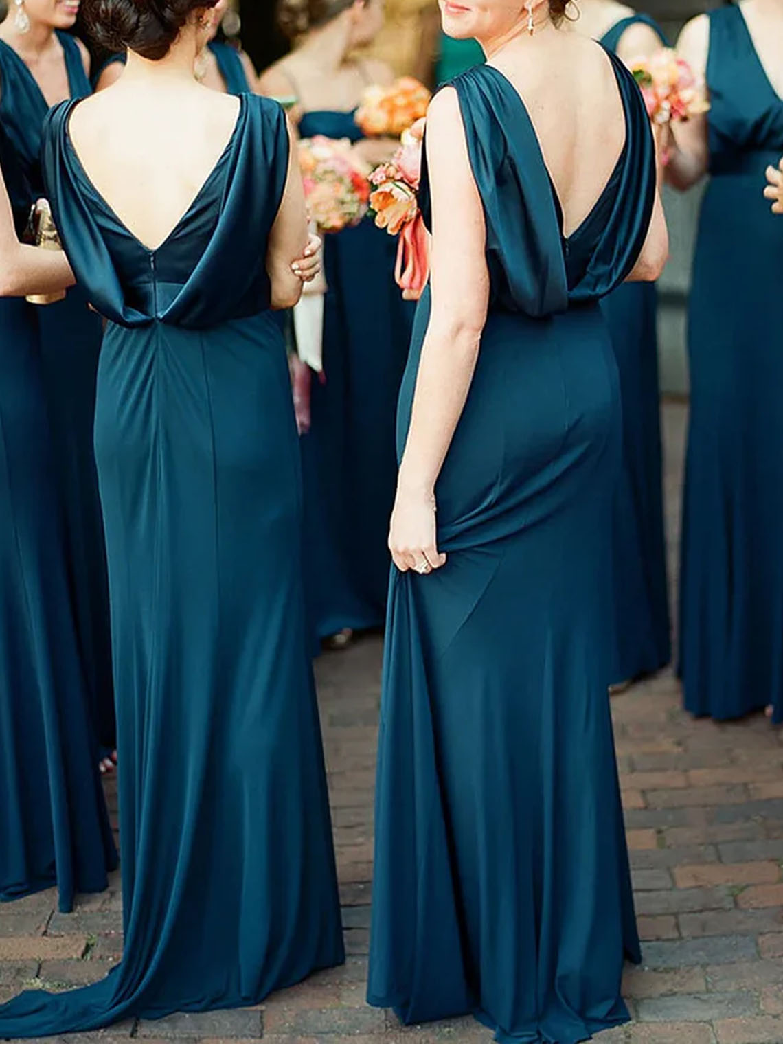 Mermaid Peacock Blue Satin V Neck Sleeveless Long Bridesmaid Dress