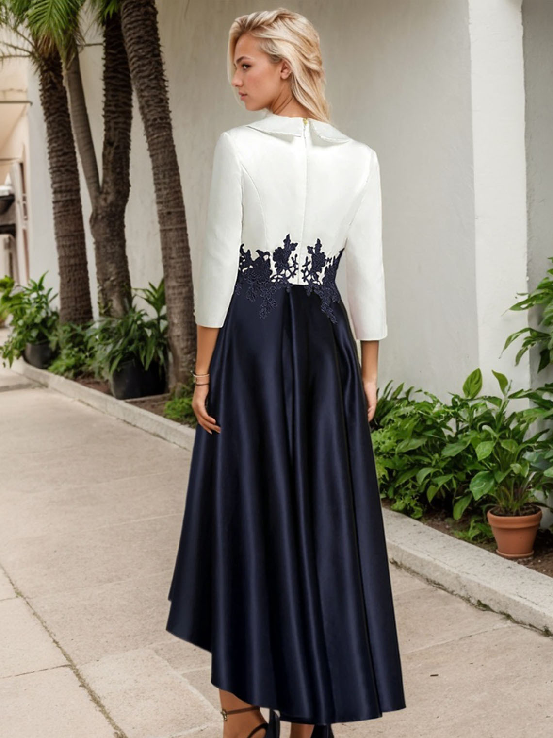 A Line Satin V Neck Long Sleeve Asymmetrical Mother of the Bride Dress