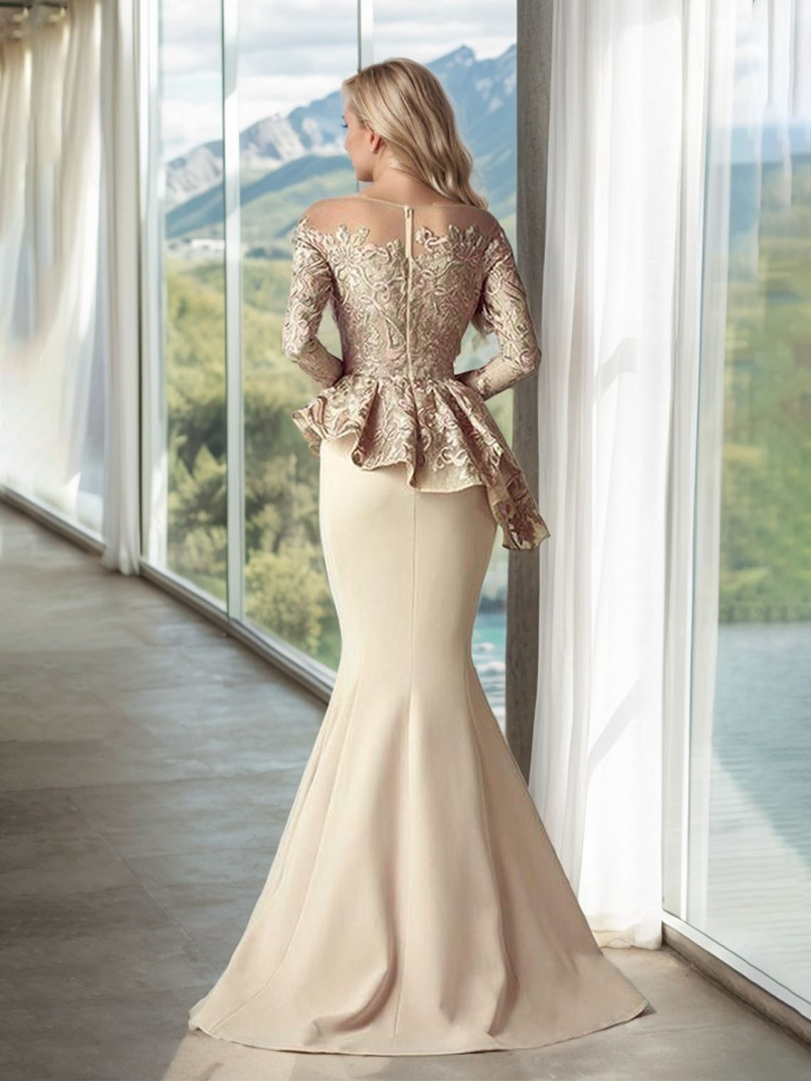 Mermaid Stretch Scoop Neck Floor Length with Appliques Evening Dress