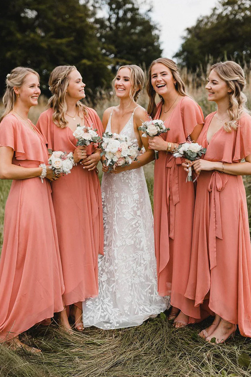 Classic A-Line V Neck Coral Chiffon Long Bridesmaid Dresses