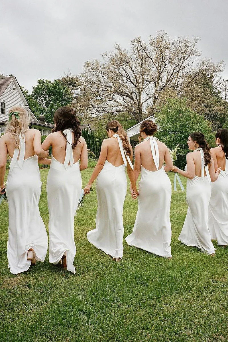 Sheath/Column Halter White Satin Long Bridesmaid Dresses
