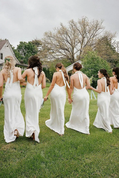 Dress Sheath/Column Halter White Satin Long Bridesmaid Dress