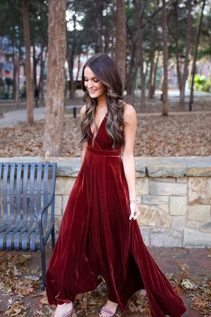 A-Line/Princess Halter Backless Burgundy Velvet Long Bridesmaid Dress