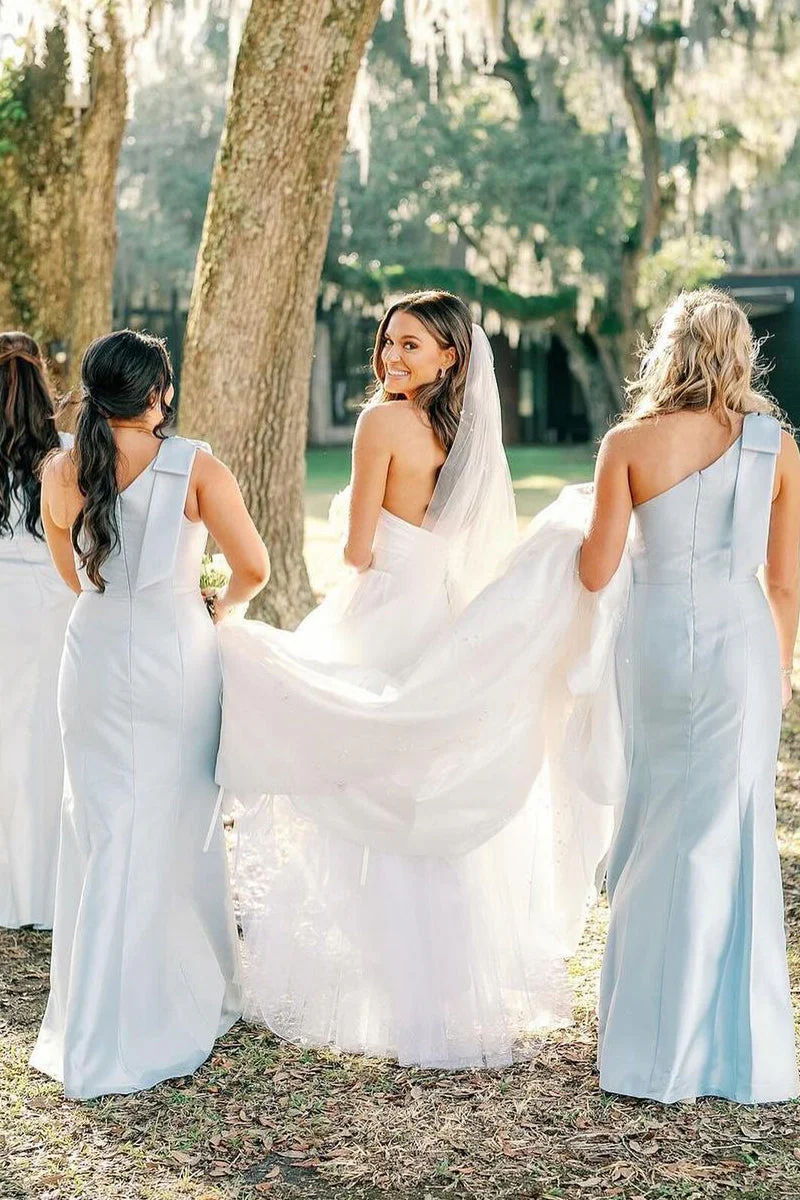 Light Blue One Shoulder Satin Sheath/Column Long Bridesmaid Dress