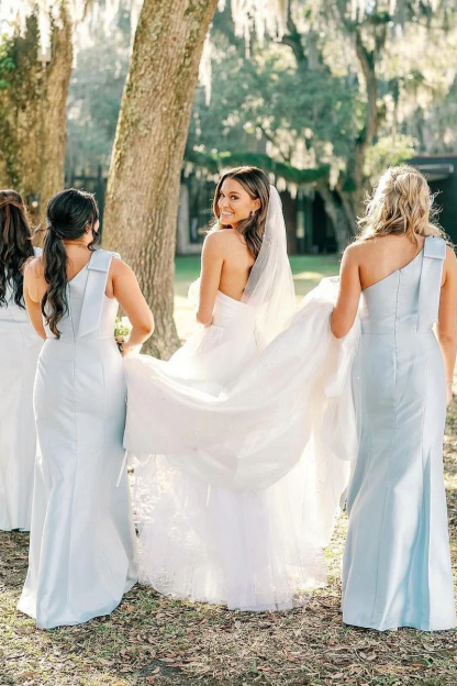 Dress Light Blue One Shoulder Satin Sheath/Column Long Bridesmaid Dress