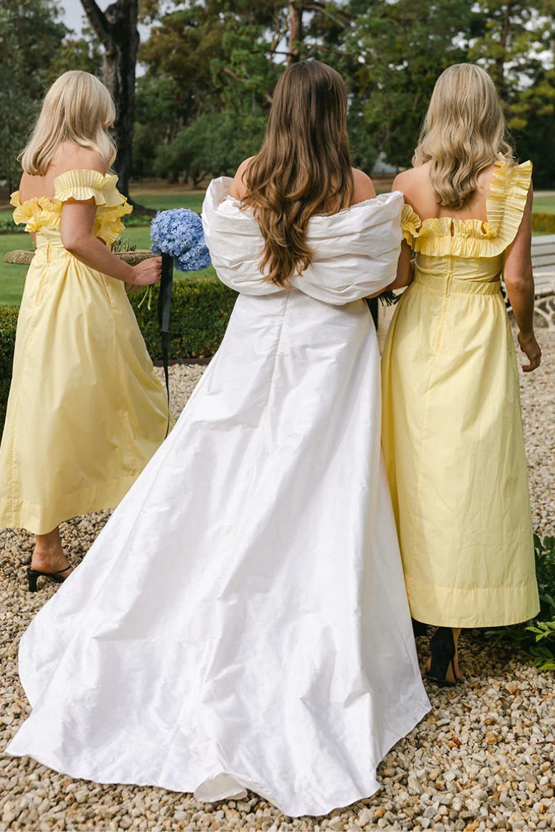 Off the Shoulder Ruffle Satin Ankle Length Yellow Bridesmaid Dresses
