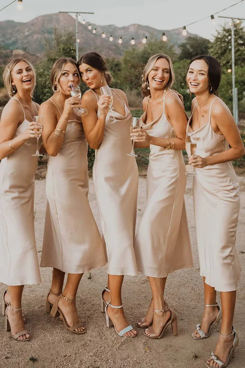 Sheath Cowl Neck Tea Length Ivory Bridesmaid Dress