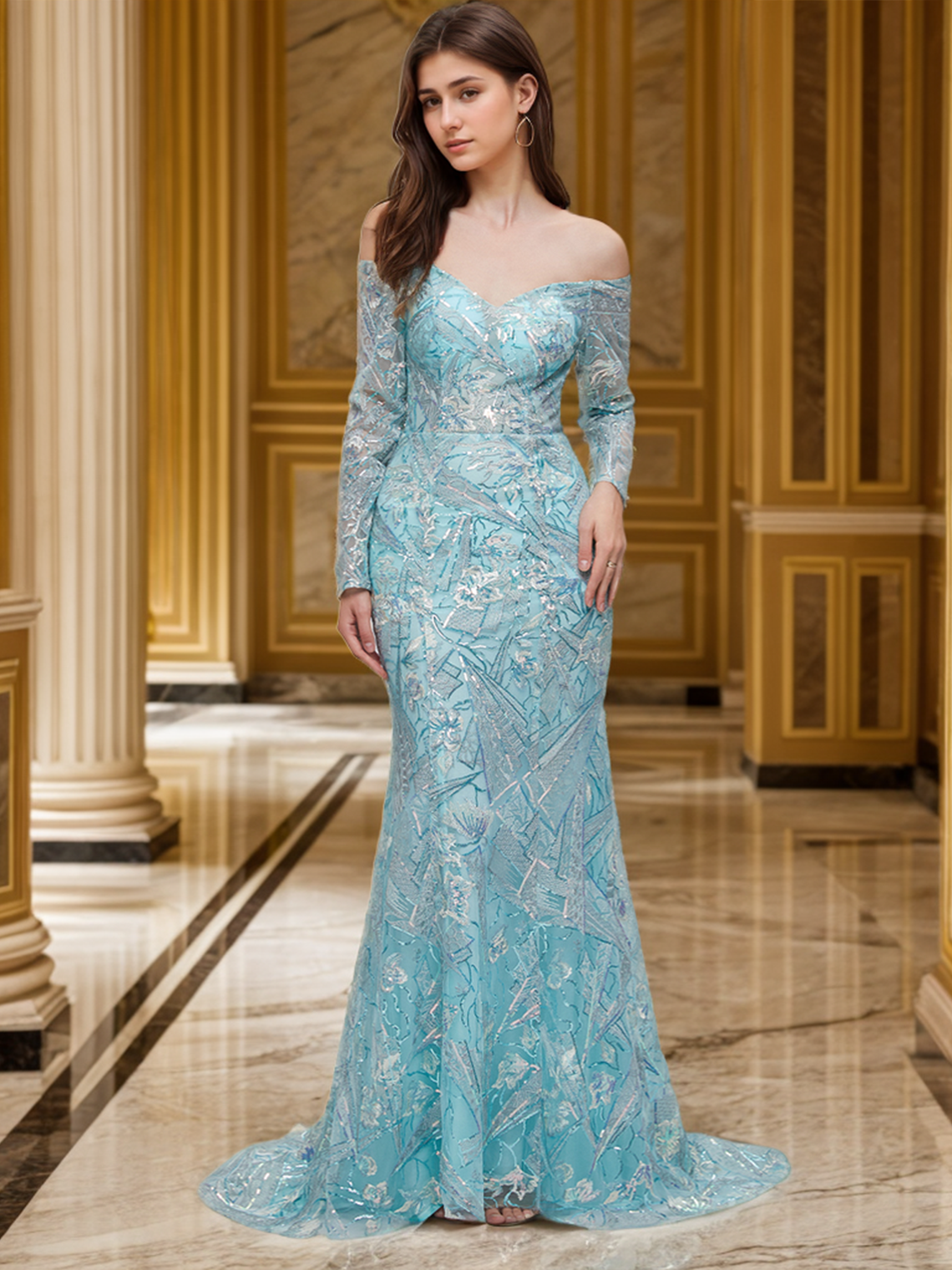 Mermaid/Trumpet Evening Gown Formal Prom Dress Off Shoulder with Slit Sequin