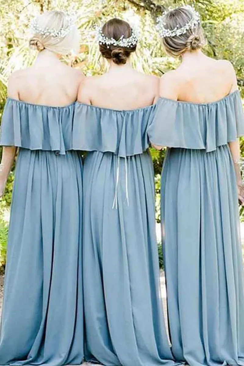 A-Line Dusty Blue Off the Shoulder Long Chiffon Boho Bridesmaid Dress