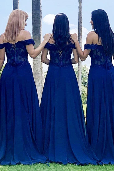 A-Line/Princess Lace Off-the-Shoulder Long Bridesmaid Dress