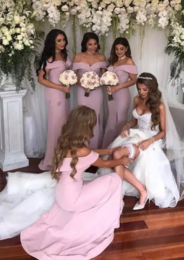 Sheath/Column Off-the-Shoulder Sweep Train Satin Bridesmaid Dress