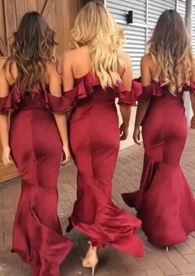 Trumpet/Mermaid V Neck Charmeuse Bridesmaid Dresses With Ruffles