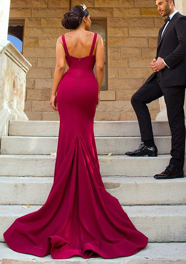 Trumpet/Mermaid V Neck Sleeveless Court Train Satin Bridesmaid Dress