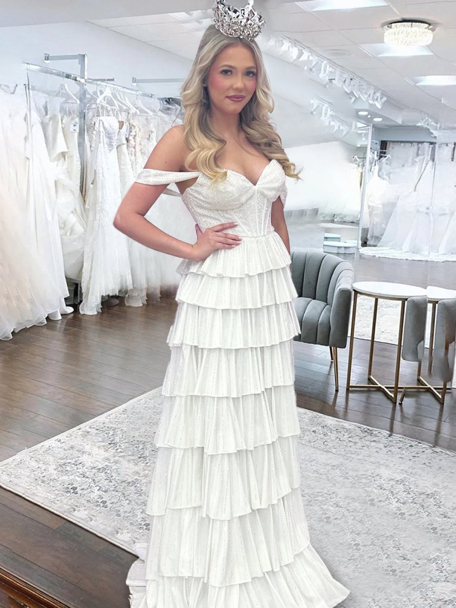 A Line Off-the-Shoulder Satin Tiered Long Prom Dresses With Beads Evening Dresses, product image 10